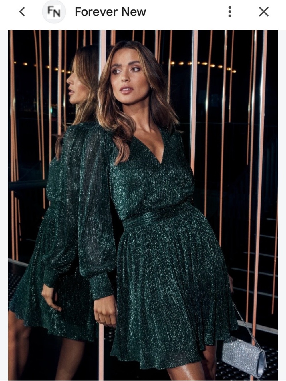 Forever New Shimmering Deep Green V-Neck Long Sleeve Mini Dress lined with belt
